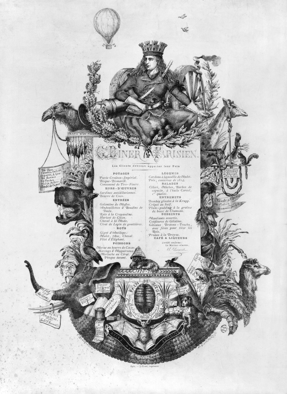 Grand Diner Parisien, meny som visas under belägringen av Paris, 1870-71 (bw foto) av Felix Jean Gauchard