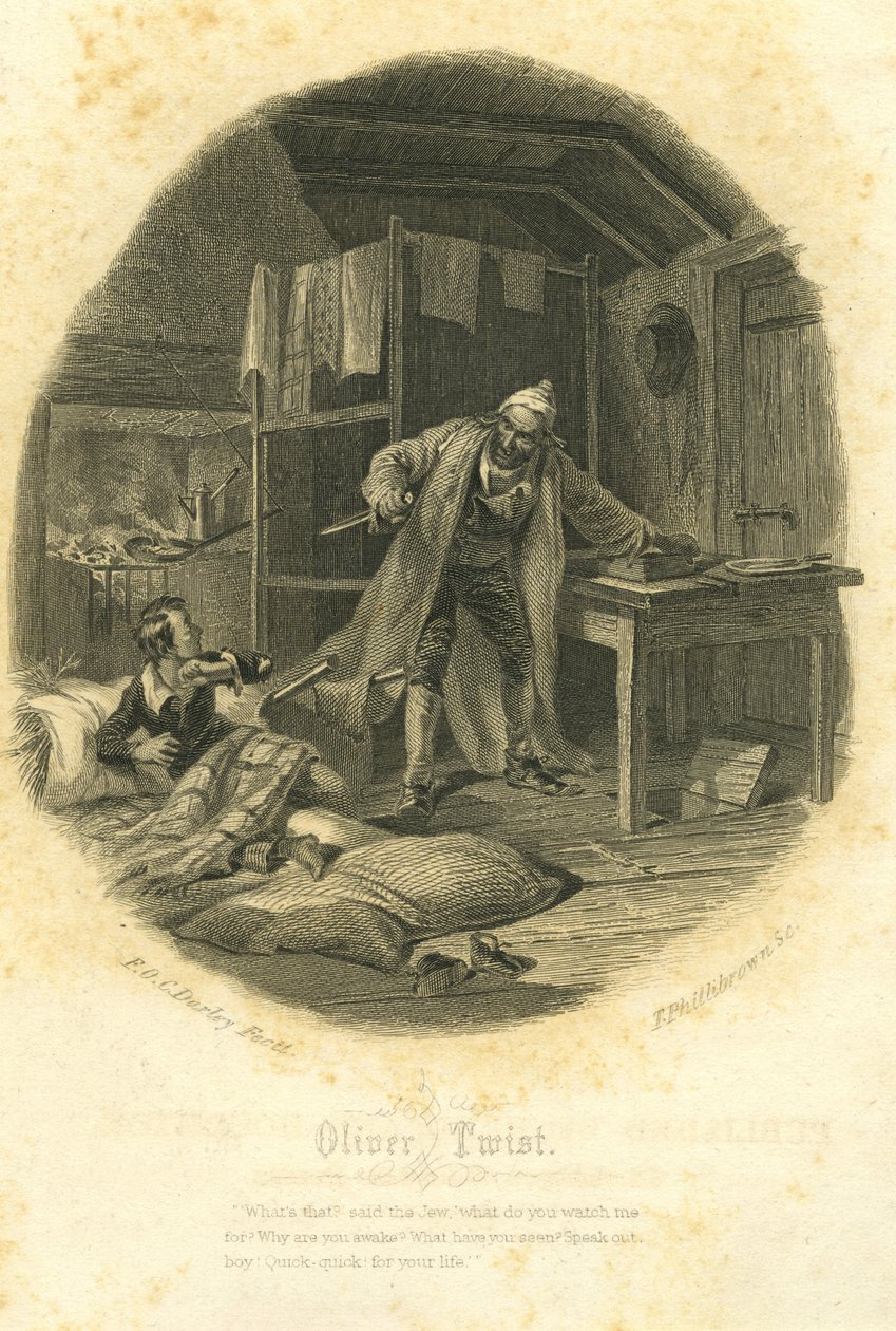Oliver Twist och Fagin, graverad av T. Phillibrown av Felix Octavius Carr Darley