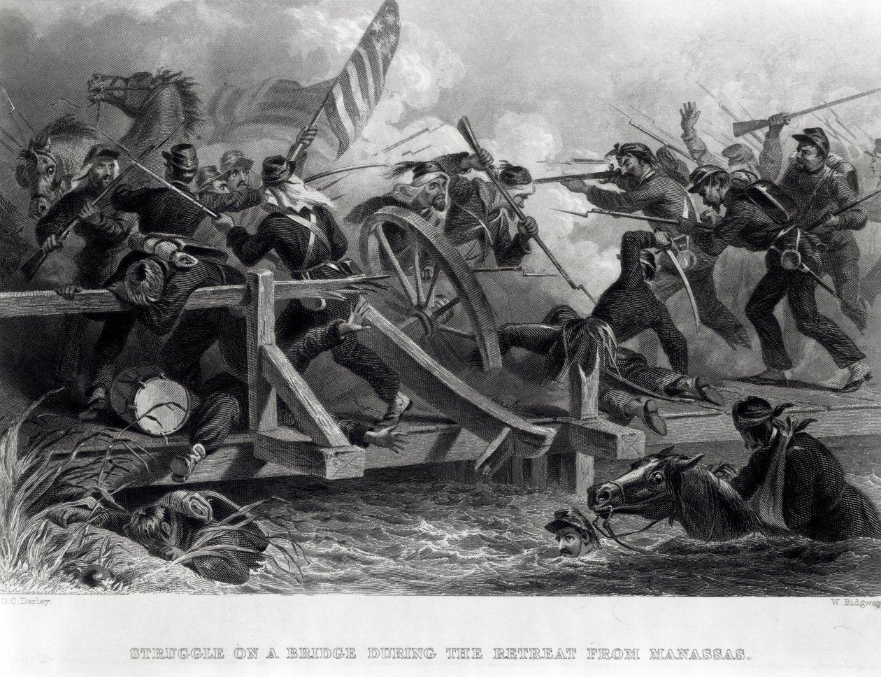 Kamp på en bro under reträtten från Manassas, juli 1861, graverad av W. Ridgway, 1862 av Felix Octavius Carr Darley