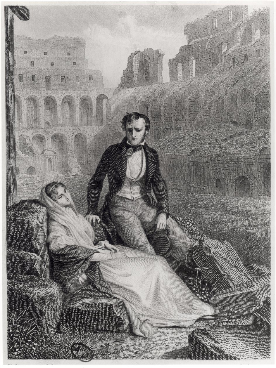 Francois Rene (1768-1848) Vicomte de Chateaubriand och Pauline de Beaumont i ruinerna av Colosseum, illustration från 