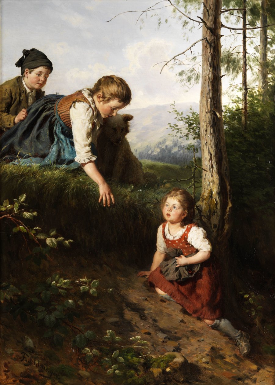 Drei Kinder im Wald beim Beerenpflücken av Felix Schlesinger