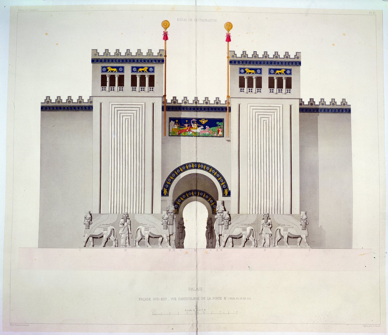 Rekonstruktion av ingången till Sargon II-palatset (721-705 f.Kr.) i Khorsabad, Irak, 1867 (färgstick) av Felix Thomas