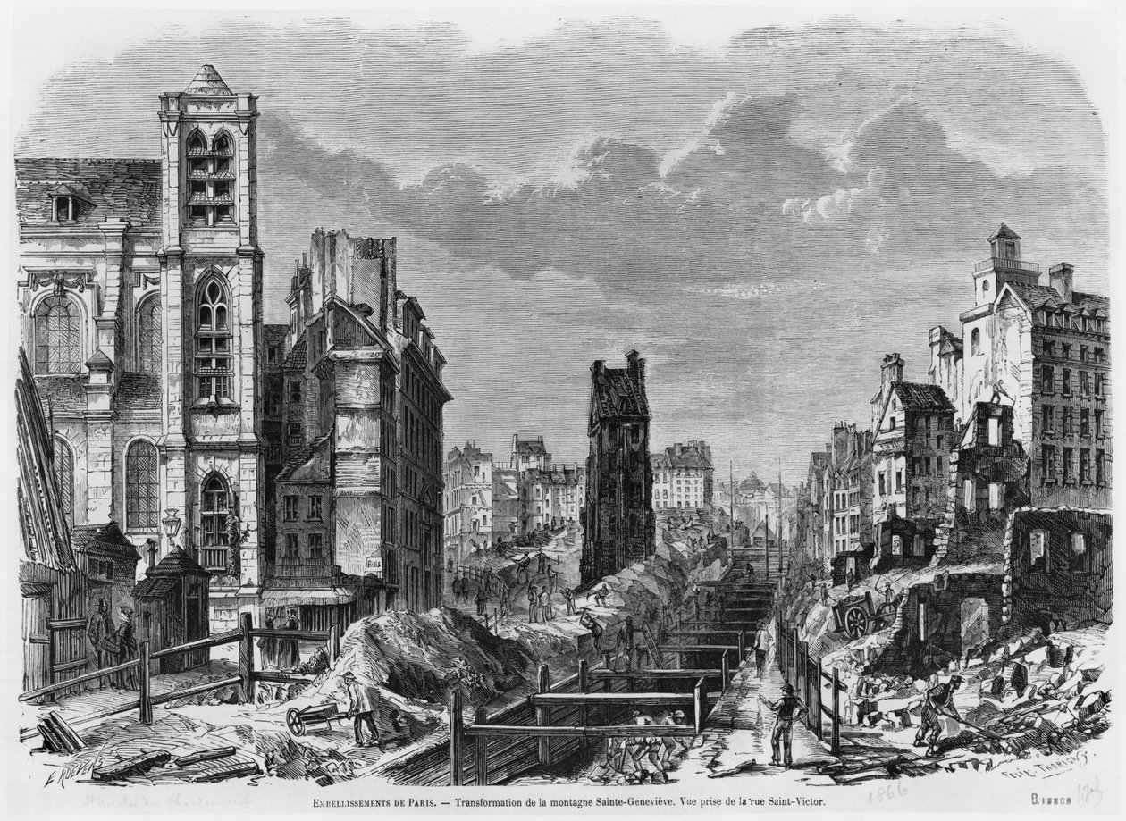 Förbättringar av Paris, omvandling av Montagne Sainte-Genevieve, utsikt tagen från rue Saint-Victor, 1877 av Felix Thorigny