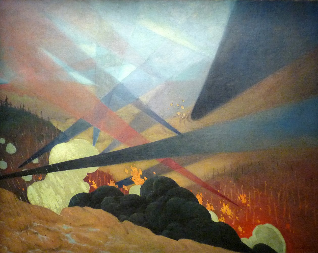 Verdun, tableau de guerre interprete, projections colorees noires, bleues et rouges, terrains devastes, nuees de gazn av Felix Edouard Vallotton