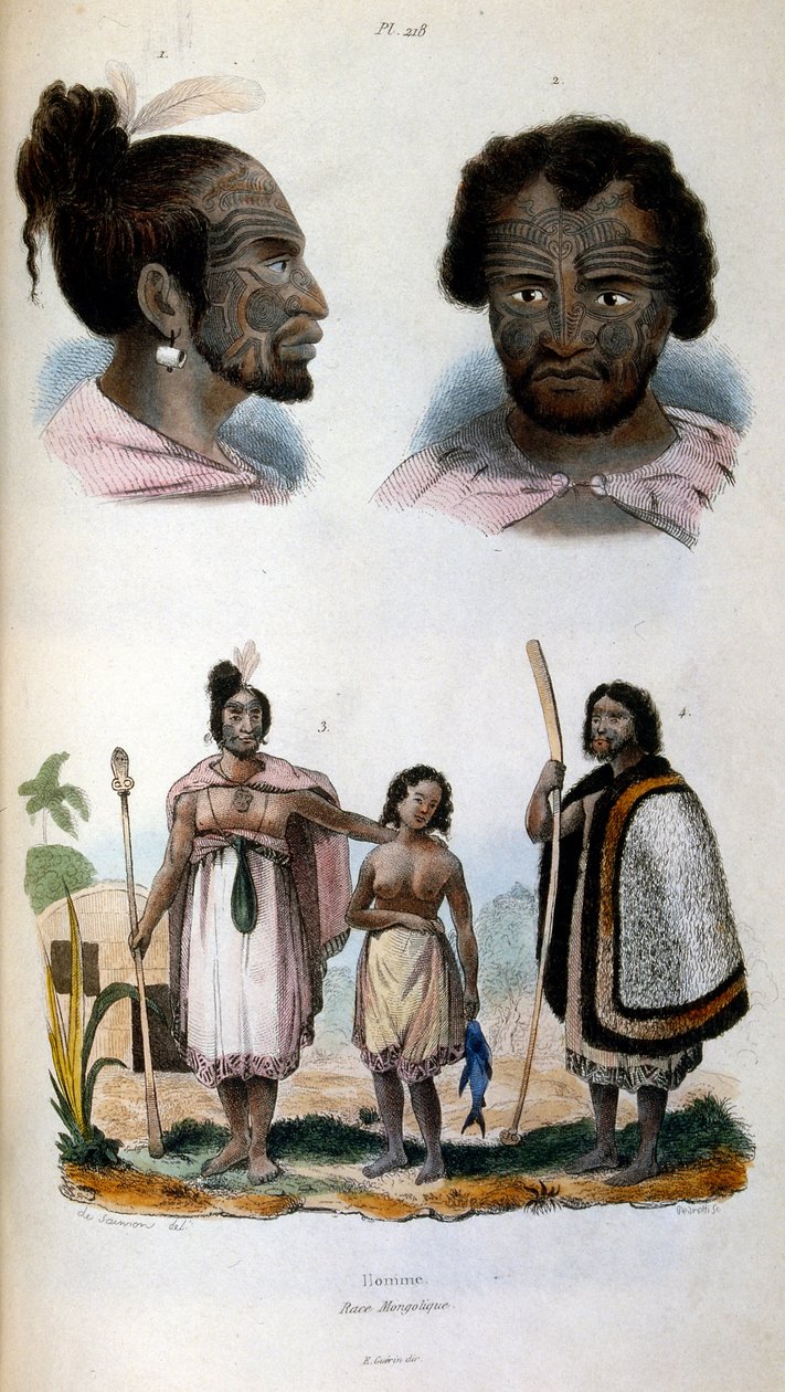 Antropologisk illustration föreställande Maori-rasen av Felix-Edouard Guerin