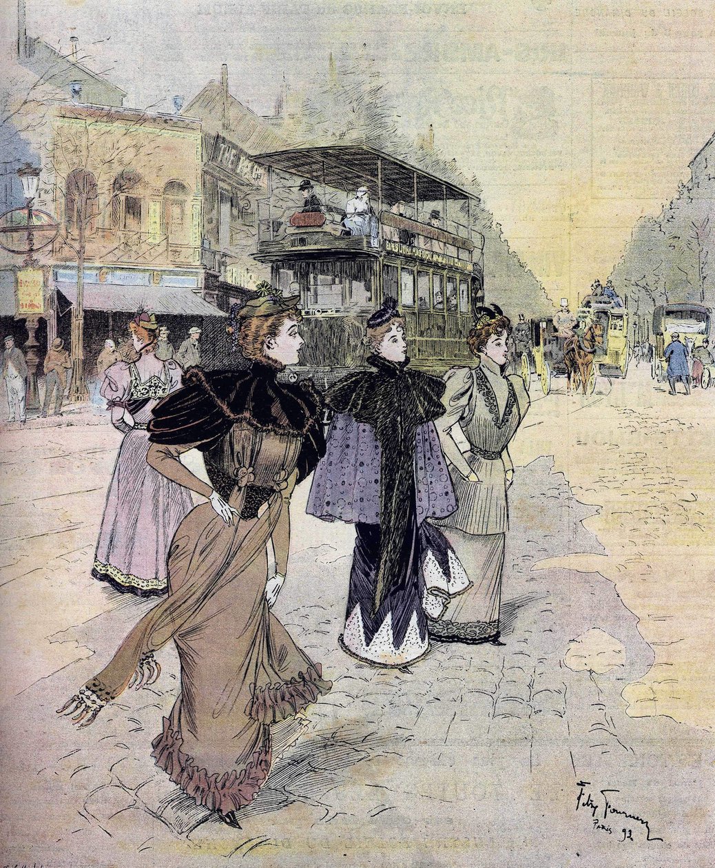 Grands boulevards i Paris i april. efter akvarellen av Felix Fournery (1865-1938) 1893 av Felix (after) Fournery