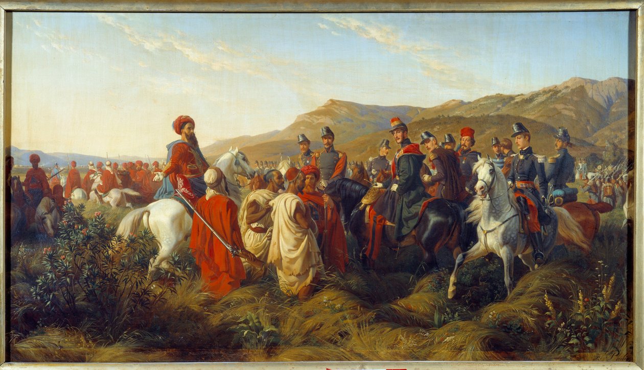 Erövring av Algeriet (1830-1847): Avsnitt av Algeriets kampanj 1840 - hertigen av Orleans Ferdinand Philippe (Ferdinand-Philippe) (1810-1842), son till kung Louis Philippe (Louis-Philippe) 1:a, ger frihet att två arabiska fångar nära lägret Bl av Felix (after) Philippoteaux