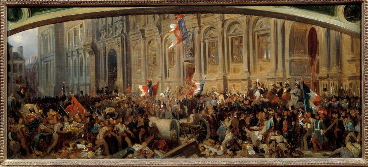 1848 års revolution: "" Alphonse de Lamartine (1790-1869), fransk författare och politiker, förkastar den röda flaggan i rådhuset den 25/02/1848." Målning av Felix Philippoteaux (ca 1815-1884) av Felix (after) Philippoteaux