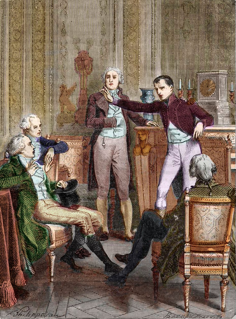 Den förste konsuln Bonaparte som talar med matematikern Gaspard Monge - Diskussion entre Bonaparte, premiärkonsul, et Gaspard Monge (1746-1818) gravyr av Felix Philippoteaux (1815-1884). av Felix (after) Philippoteaux