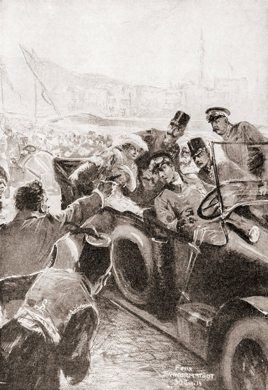 Mordet på Franz Ferdinand och hans fru Sophie, hertiginnan av Hohenberg, 28 juni av Felix (after) Schwormstadt