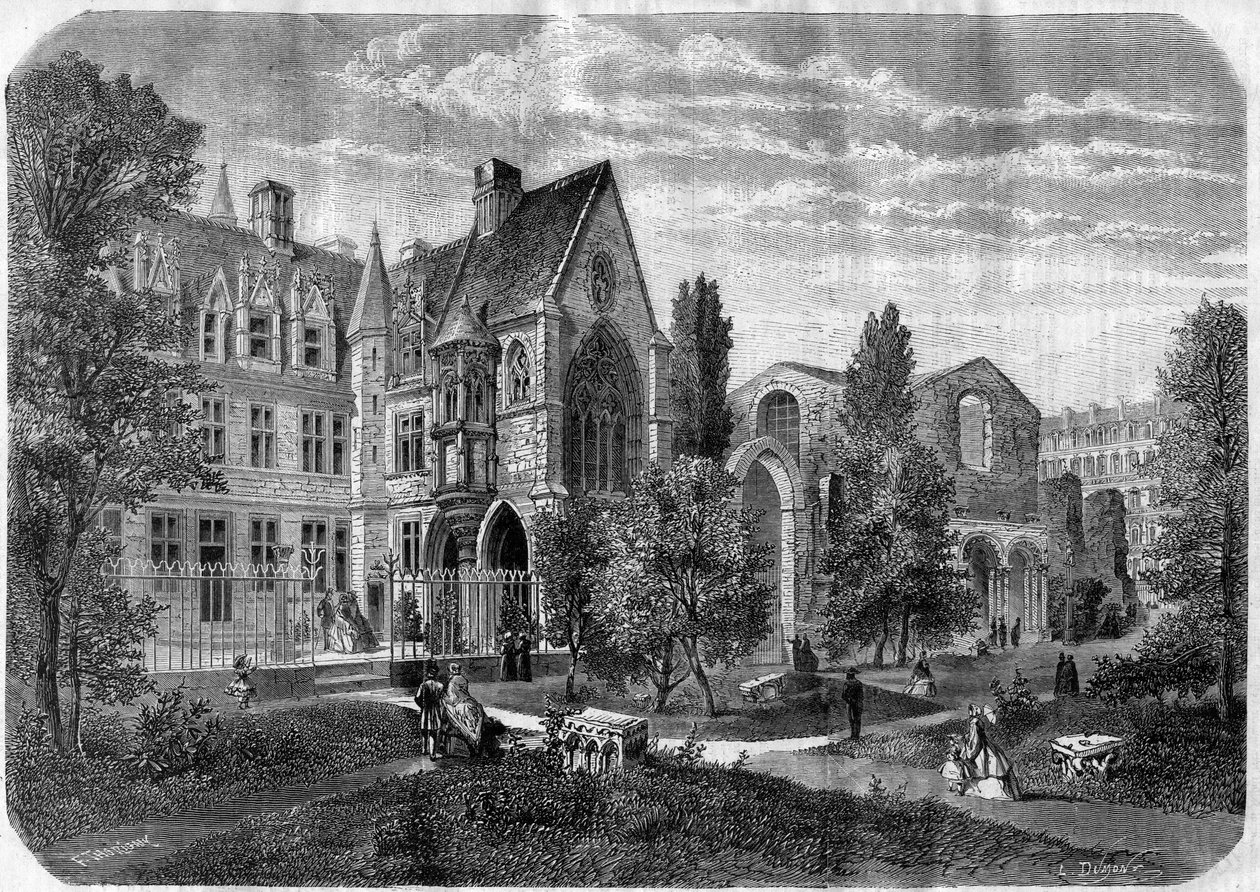 Torget i Palais des Thermes och sjukhuset Cluny i Paris 1868 - Gravyr efter en teckning av Felix de Thorigny av Felix (after) Thorigny