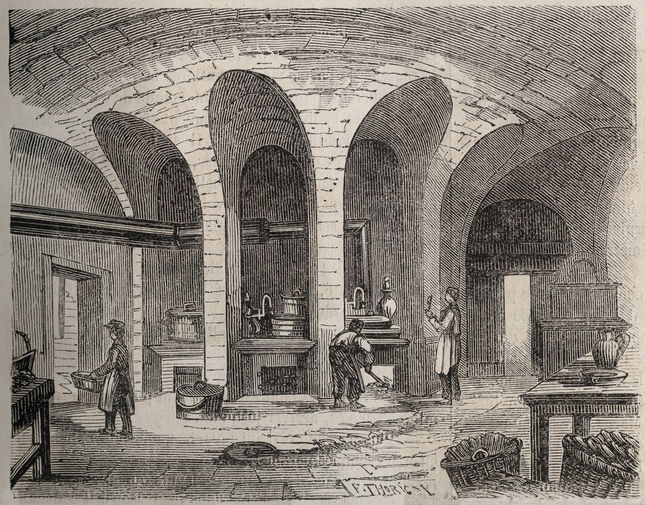 Paris - Prison de la petite Roquette (fängelse för kvinnor och tonåringar) - Les Cuisines - Gravyr av efter Felix Thorigny - i Le Monde Illustre från juli 1865 av Felix (after) Thorigny