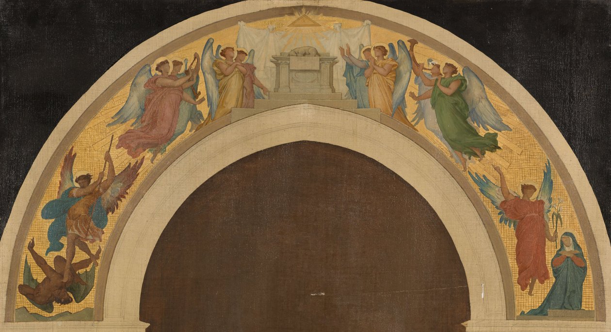 Skiss för Treenighetskyrkan: Påsklammet. Grupp av beundrande änglar. Ärkeängeln Sankt Mikael övervinner djävulen. Bebådelsen. Den helige Paulus. Sankt Petrus, ca 1864 (olja på duk) av Felix A.M. (after) Jobbe Duval