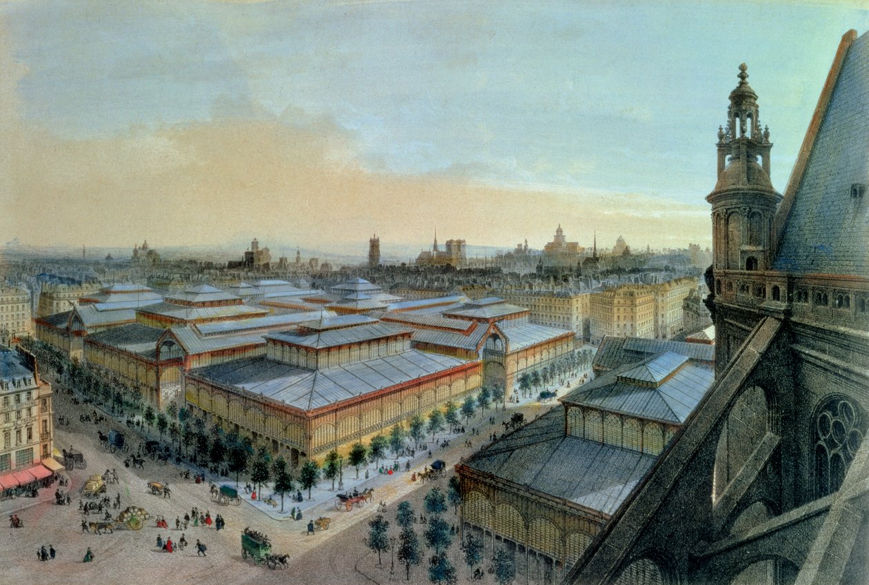 Vy över Les Halles i Paris tagen från Saint Eustache övre galleri, ca. 1870-80 av Felix Benoist