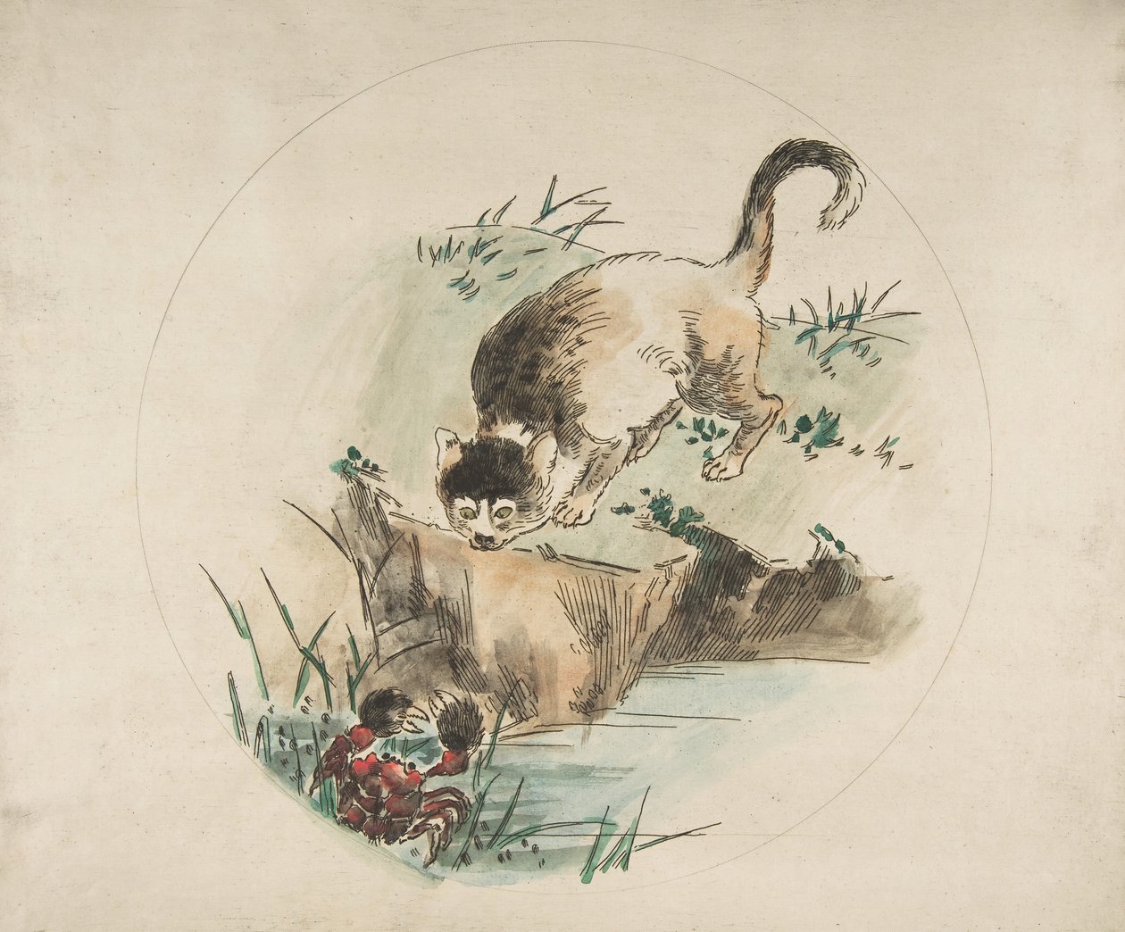 Dekoration för en tallrik: En katt som jagar en krabba, 1850-1914. av Felix Bracquemond
