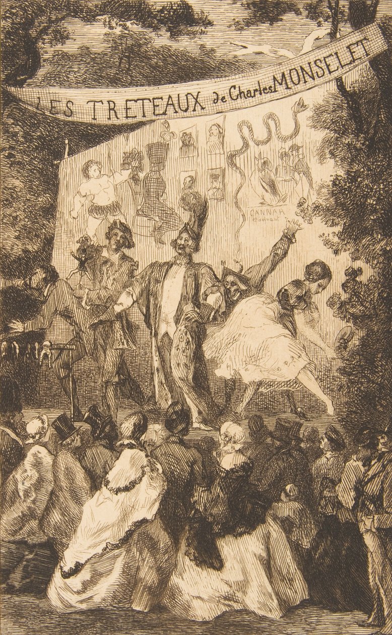 Frontispice för Les Treteaux de Monselet, 1859. av Felix Bracquemond