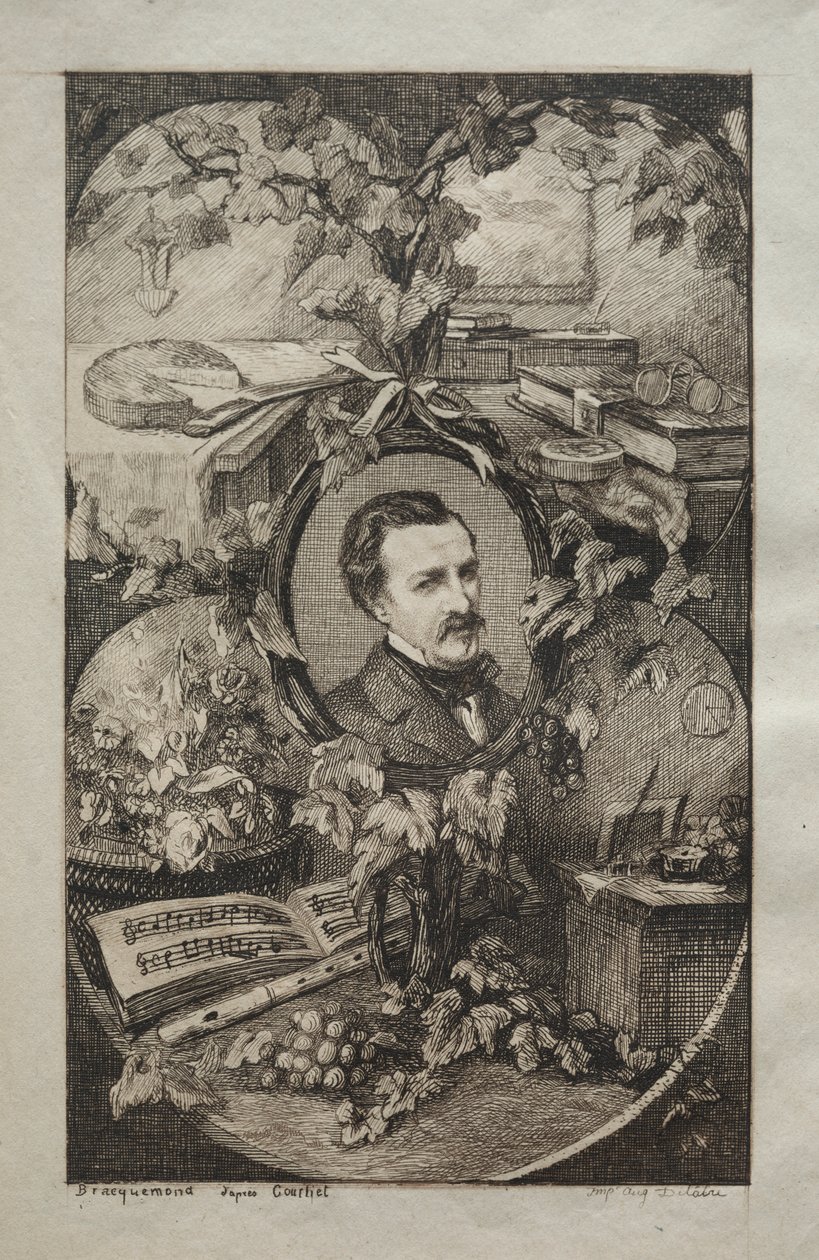 Frontispice för "New Works of Champfleury, The Friends of Nature:" Porträtt av Champfleury, efter Gustave Courbet av Felix Bracquemond