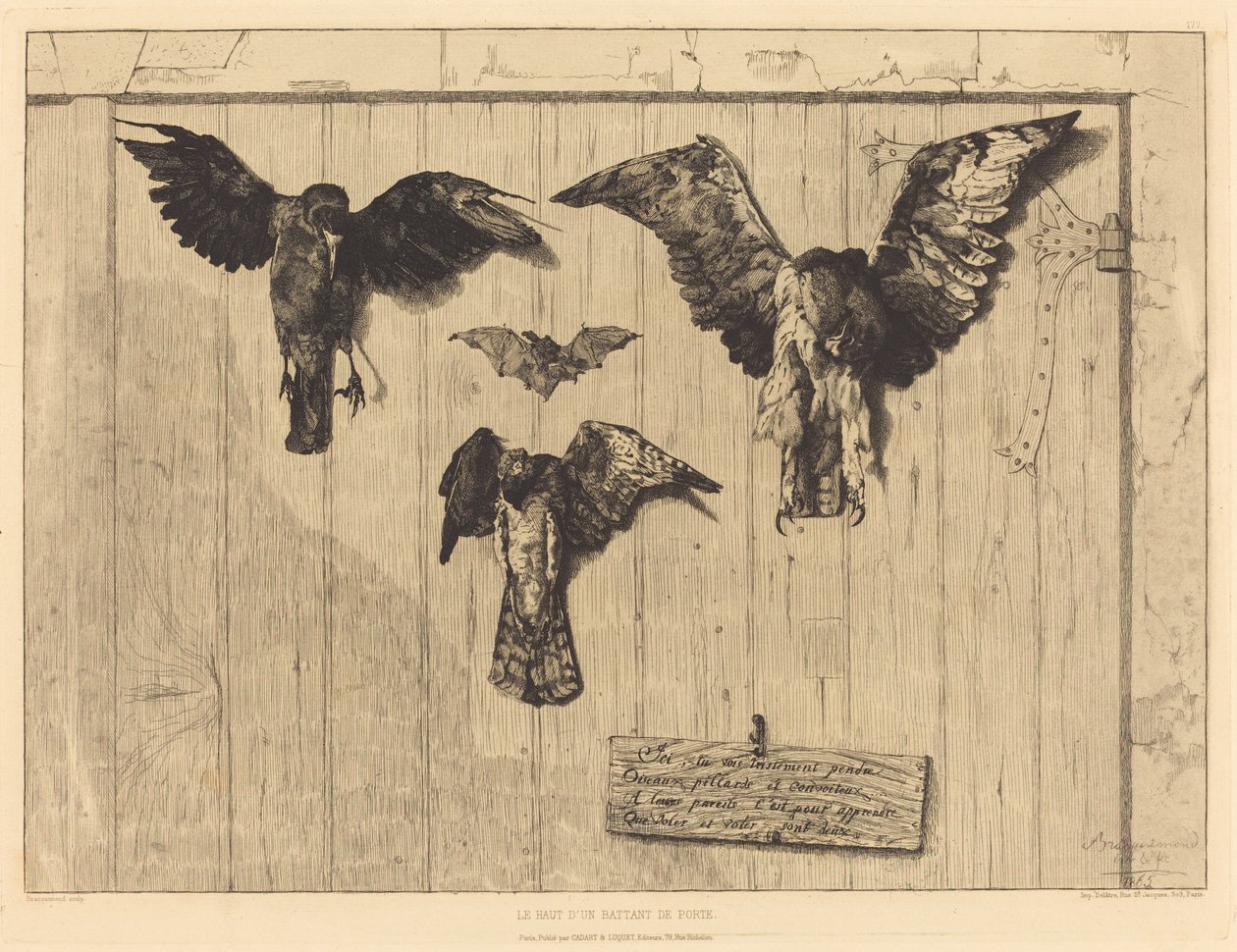 Toppen av ett dörrblad (fåglar spikade på en ladugårdsdörr) av Felix Bracquemond