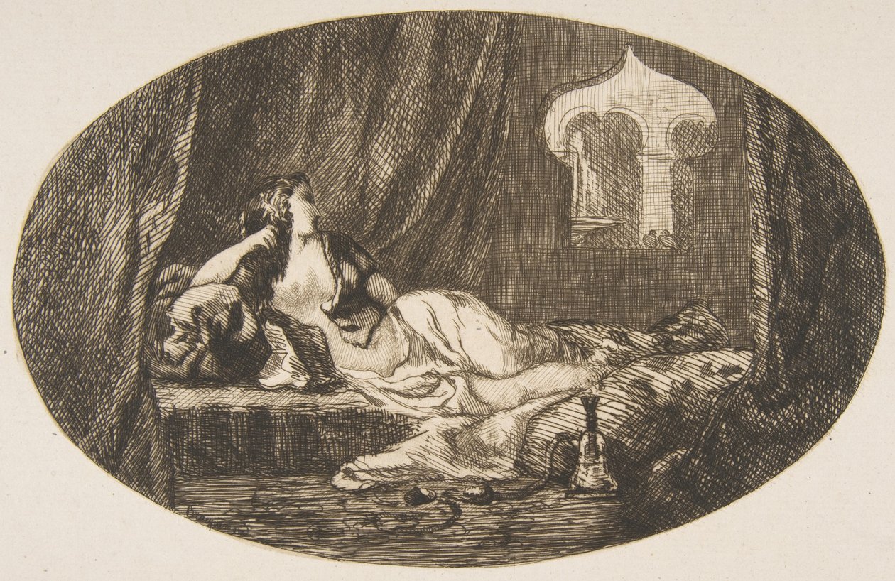 Odalisque liggande i ett harem, från Titres de Romance, 1857. av Felix Bracquemond