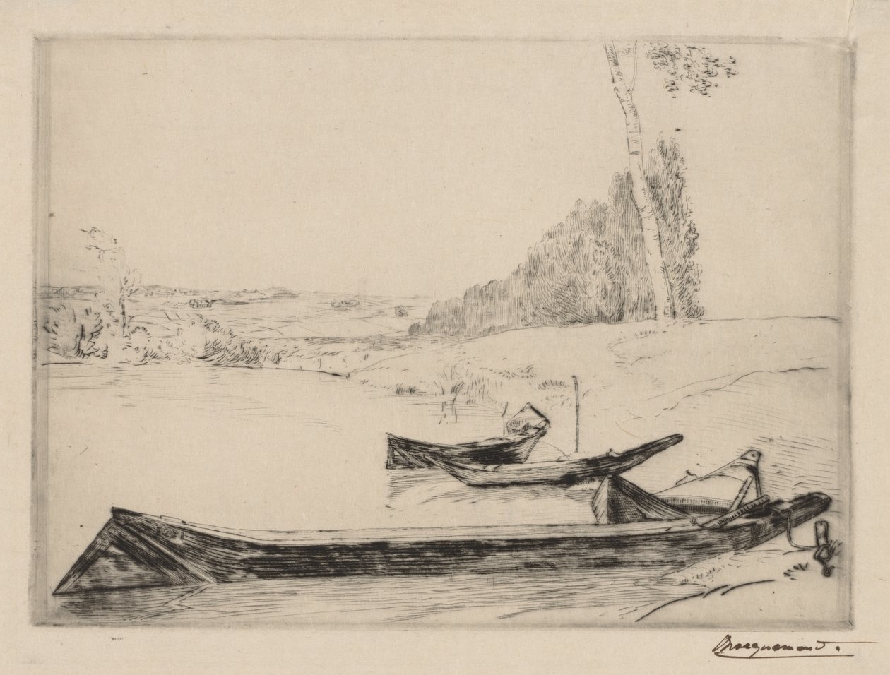 Små färjor på stranden av Seine av Felix Bracquemond