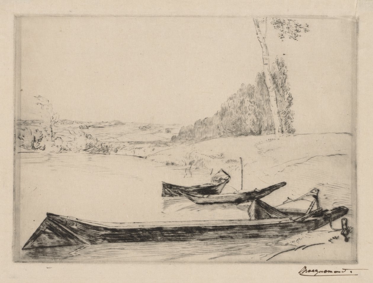Små färjor på stranden av Seine, ca. 1858. av Felix Bracquemond