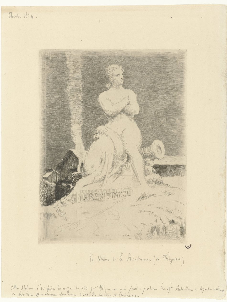 Staty La Résistance (motstånd) av Alexandre Falguière och soldater under belägringen av Paris La Motstånd Siège de Paris en 1870 (serietitel) av Felix Bracquemond