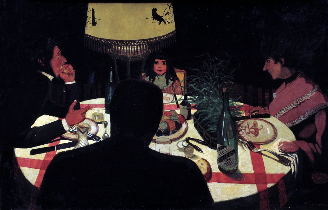 Middag, lampeffekt. Representation av målaren omger hans fru och vackra barn. Målning av Felix Vallotton (1865-1925) Ec. Följ av Felix Edouard Vallotton