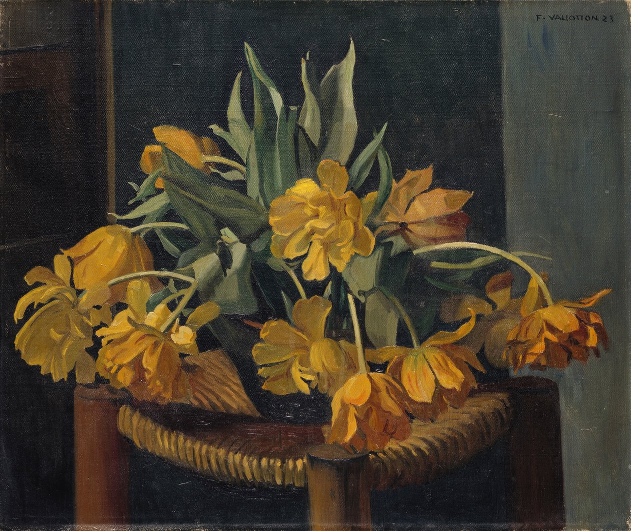 Dubbla gula tulpaner på korgstol, 1923 av Felix Edouard Vallotton