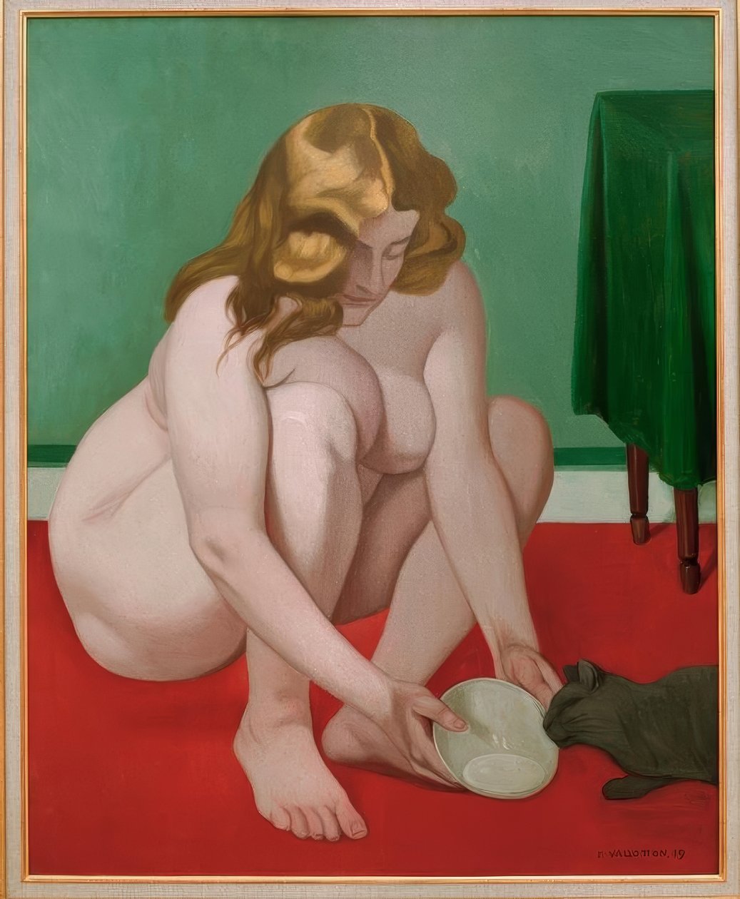 Hukande kvinna som erbjuder mjölk till en katt av Felix Edouard Vallotton