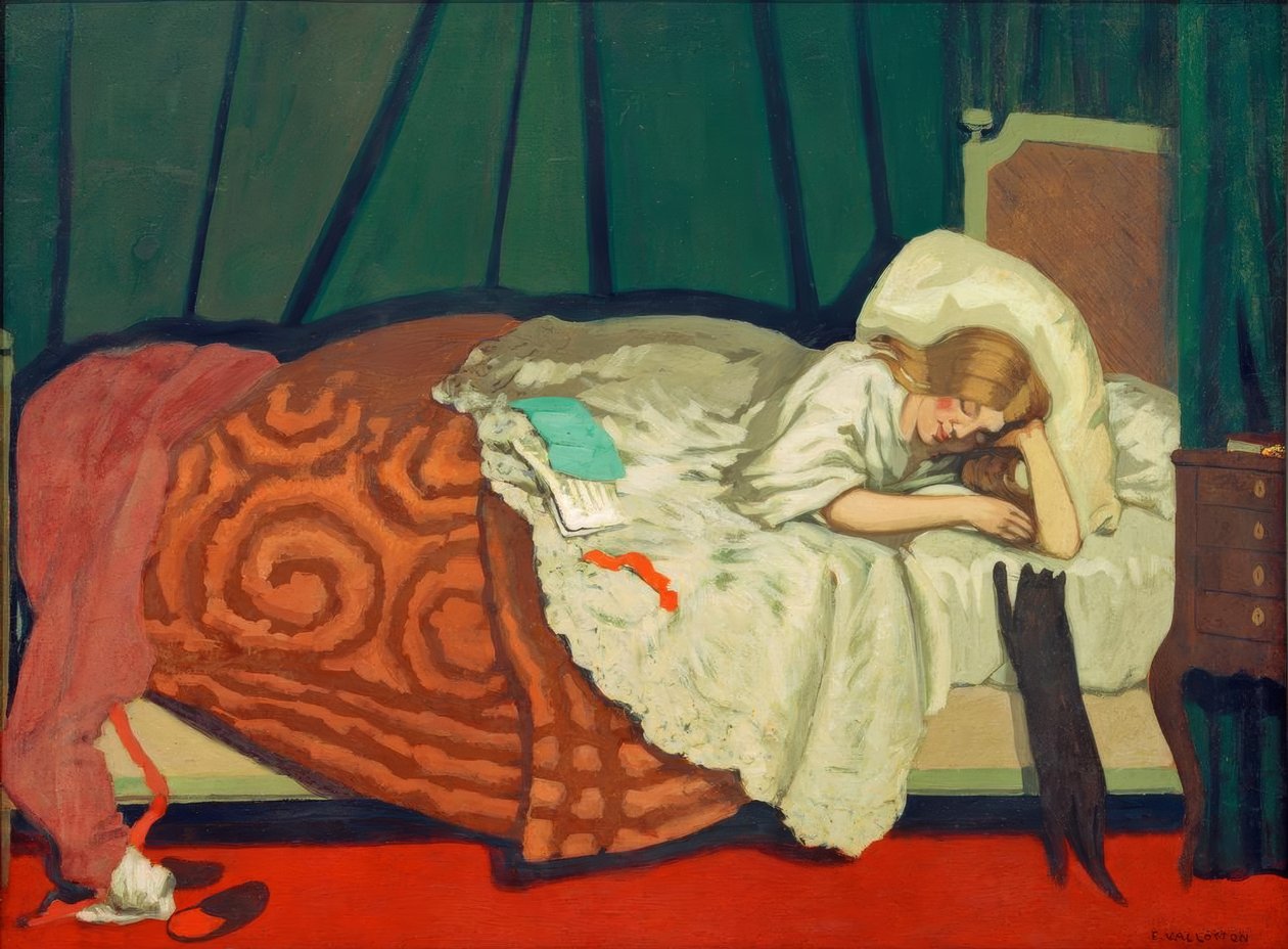Kvinna som ligger ner och leker med en katt av Felix Edouard Vallotton