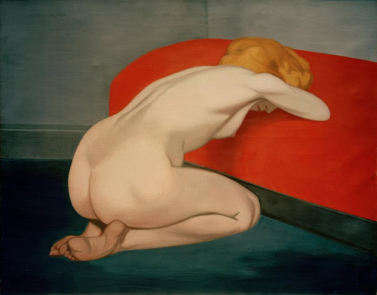 Naken kvinna på knä framför en röd soffa av Felix Edouard Vallotton