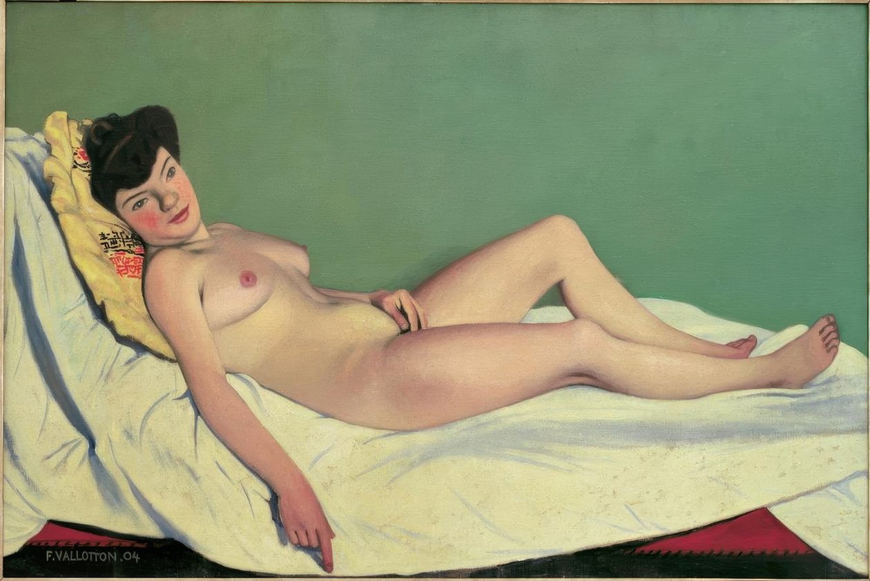 Naken kvinna liggande på ett vitt lakan, gul kudde av Felix Edouard Vallotton