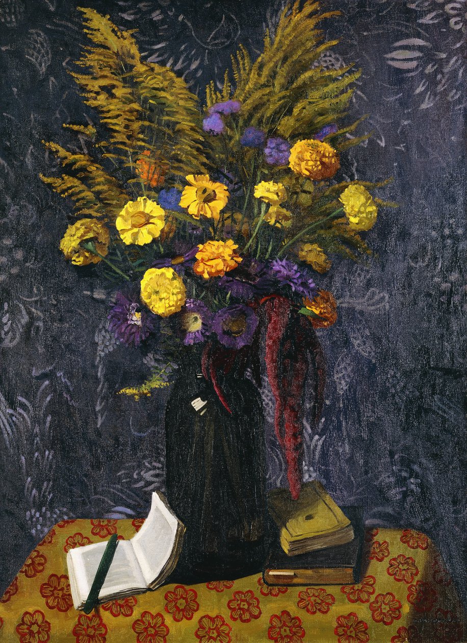 Fransk ringblomma, lila prästkragar och gyllene kärvar; Ringblommor, lila tusenskönor och gyllene gerbs, 1925 av Felix Edouard Vallotton