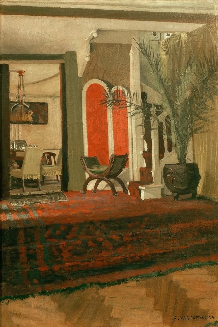 Interiör, vardagsrum med trappa och matsal i källaren av Felix Edouard Vallotton
