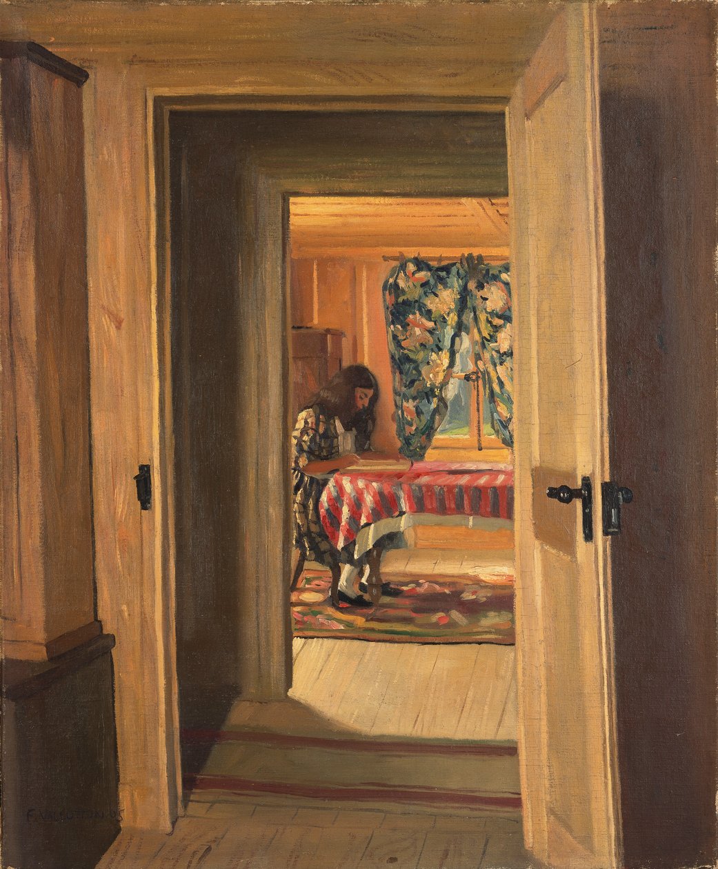 Interiör med en ung flicka som skriver, 1905 av Felix Edouard Vallotton