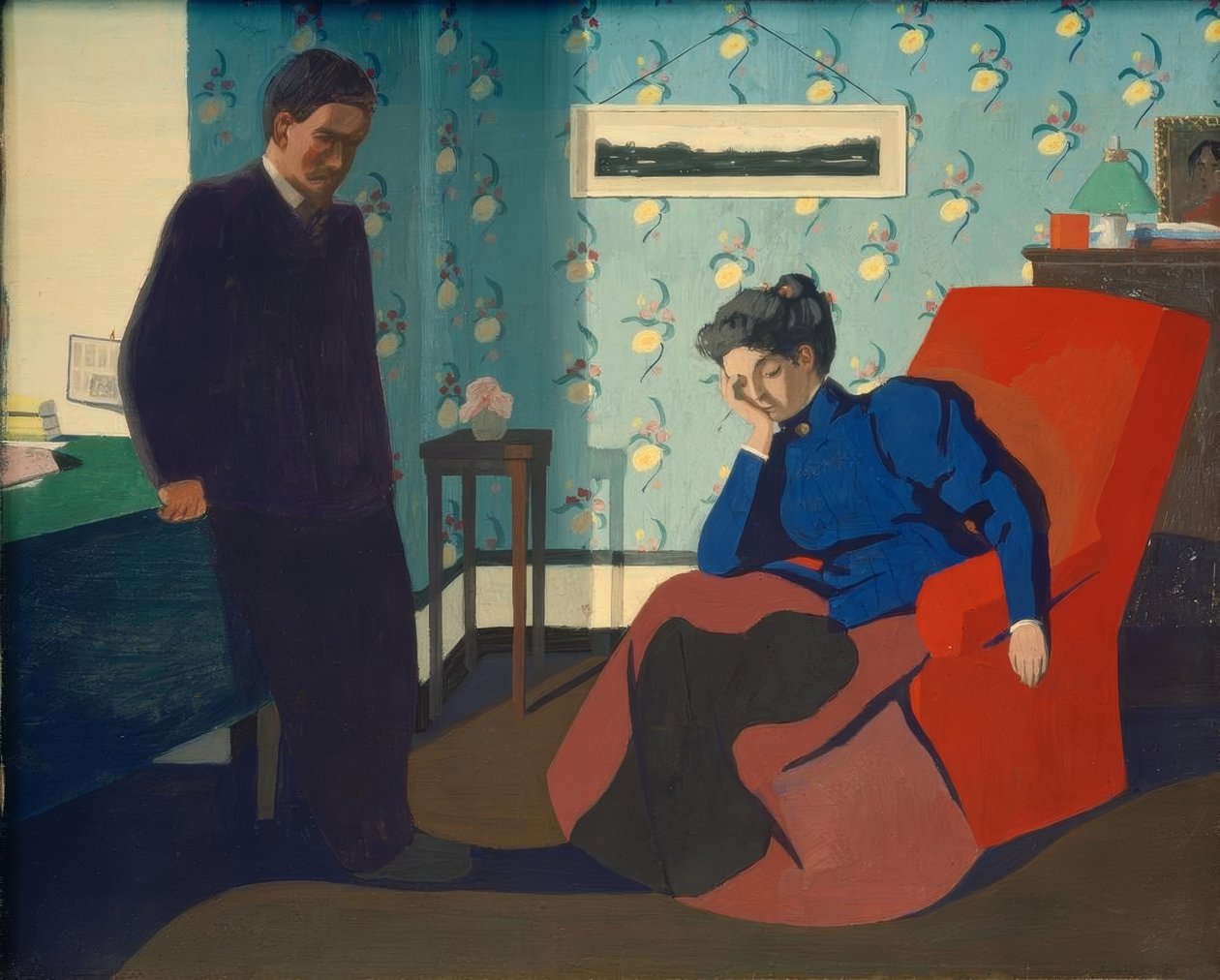 Röd fåtöljinredning och figurer av Felix Edouard Vallotton