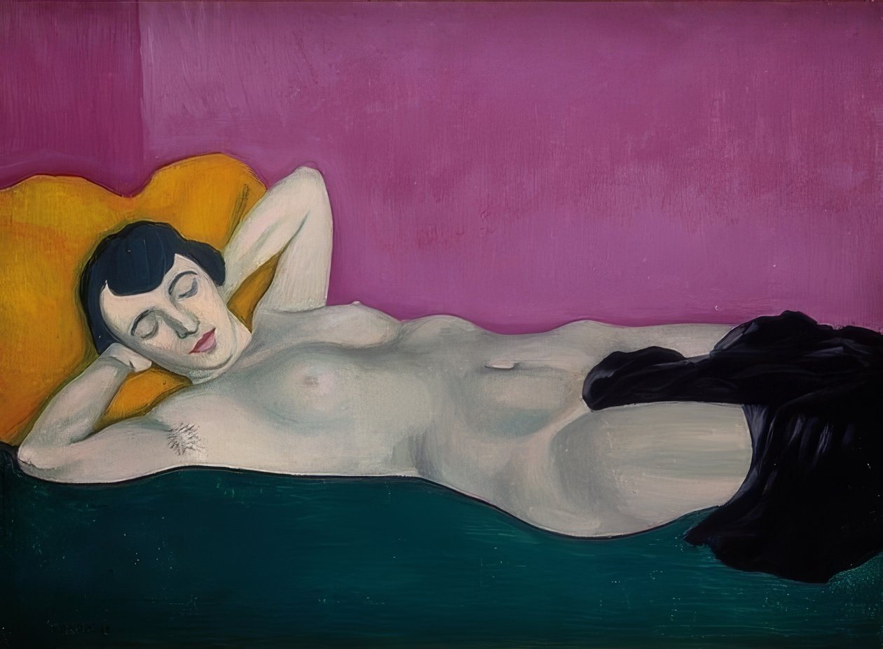 Kvinna som ligger framför en violett bakgrund. 1924 av Felix Edouard Vallotton