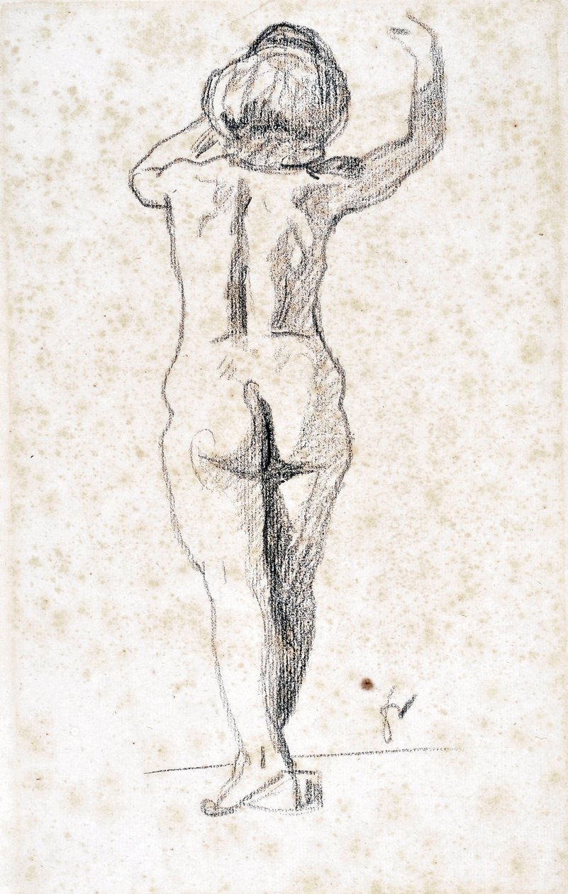 Nu de dos - Konstverk av Felix Vallotton (1865-1925), grafit på papper (28x18 cm), tidigt 1900-tal - Saint Roch hospice museum, Issoudun - Obligatoriskt omnämnande av Felix Edouard Vallotton