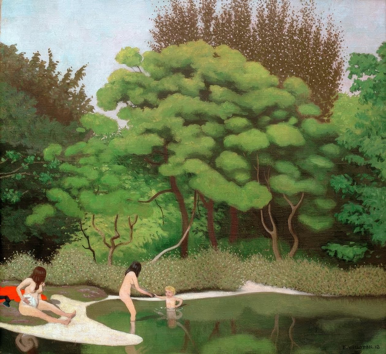 Soligt undervegetationslandskap, med två kvinnor och ett barn av Felix Edouard Vallotton