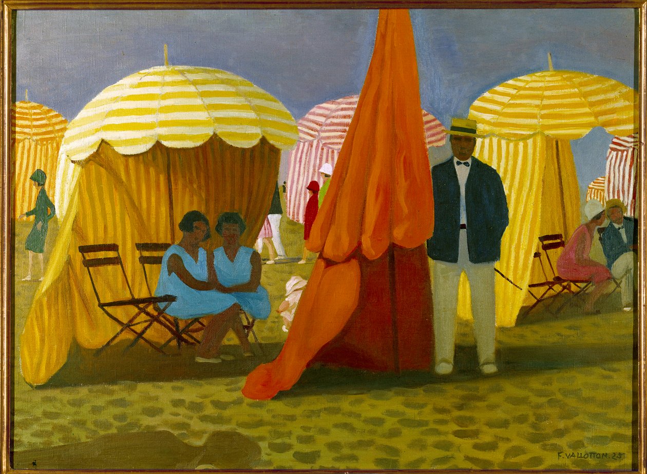 Stranden. Semesterfirare under paraplyerna skyddade från vinden. Målning av Felix Vallotton (1865-1925) Ec. Följ. av Felix Edouard Vallotton