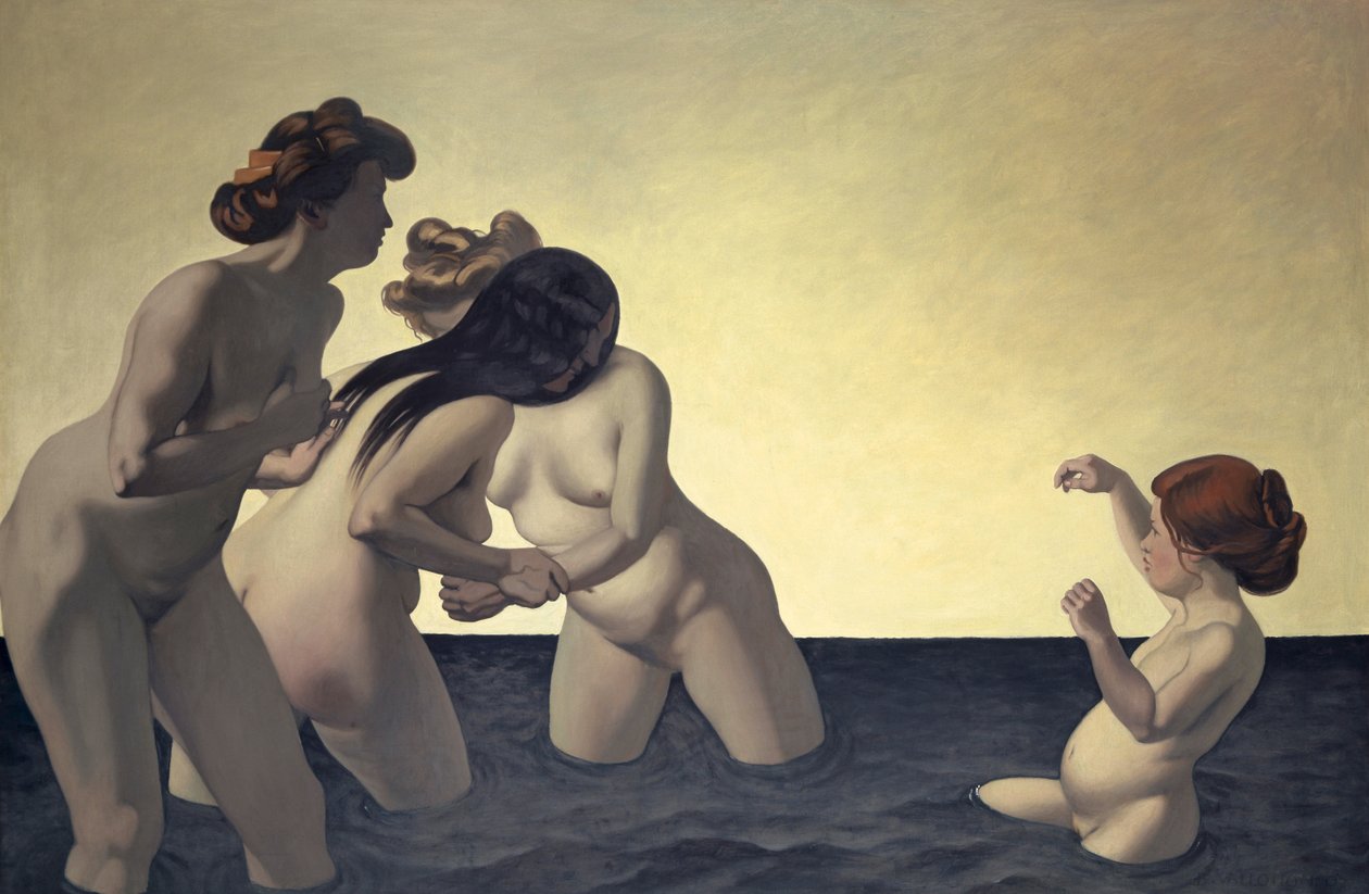 Tre kvinnor och en liten flicka som leker i vattnet, 1907. av Felix Edouard Vallotton