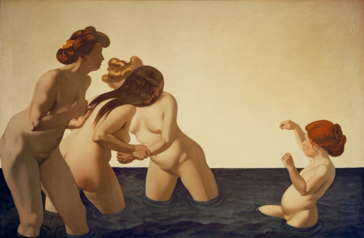 Tre kvinnor och en liten flicka som leker i vattnet av Felix Edouard Vallotton
