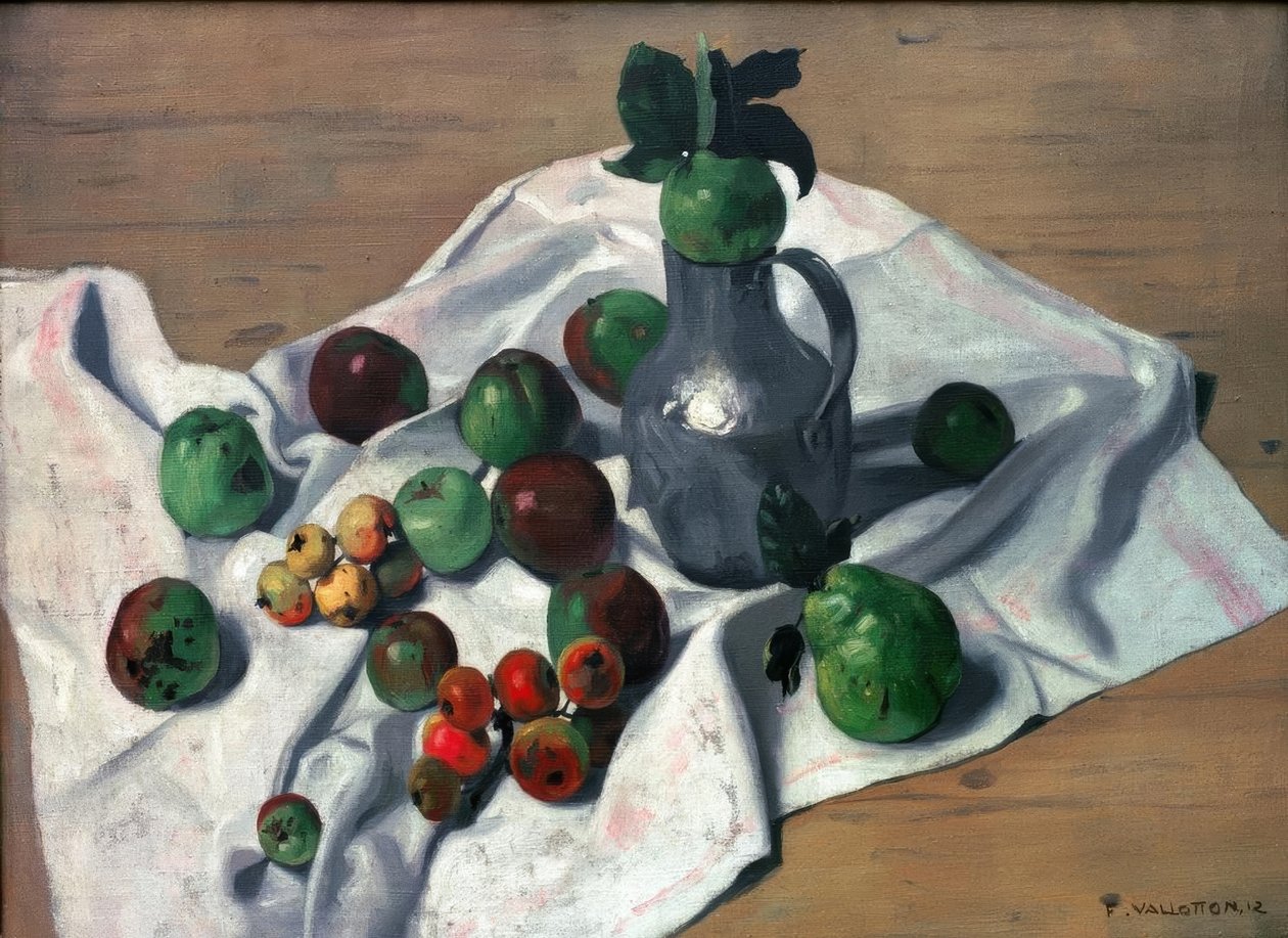 En varmvattenflaska på burk, äpplen och två kvitten av Felix Edouard Vallotton