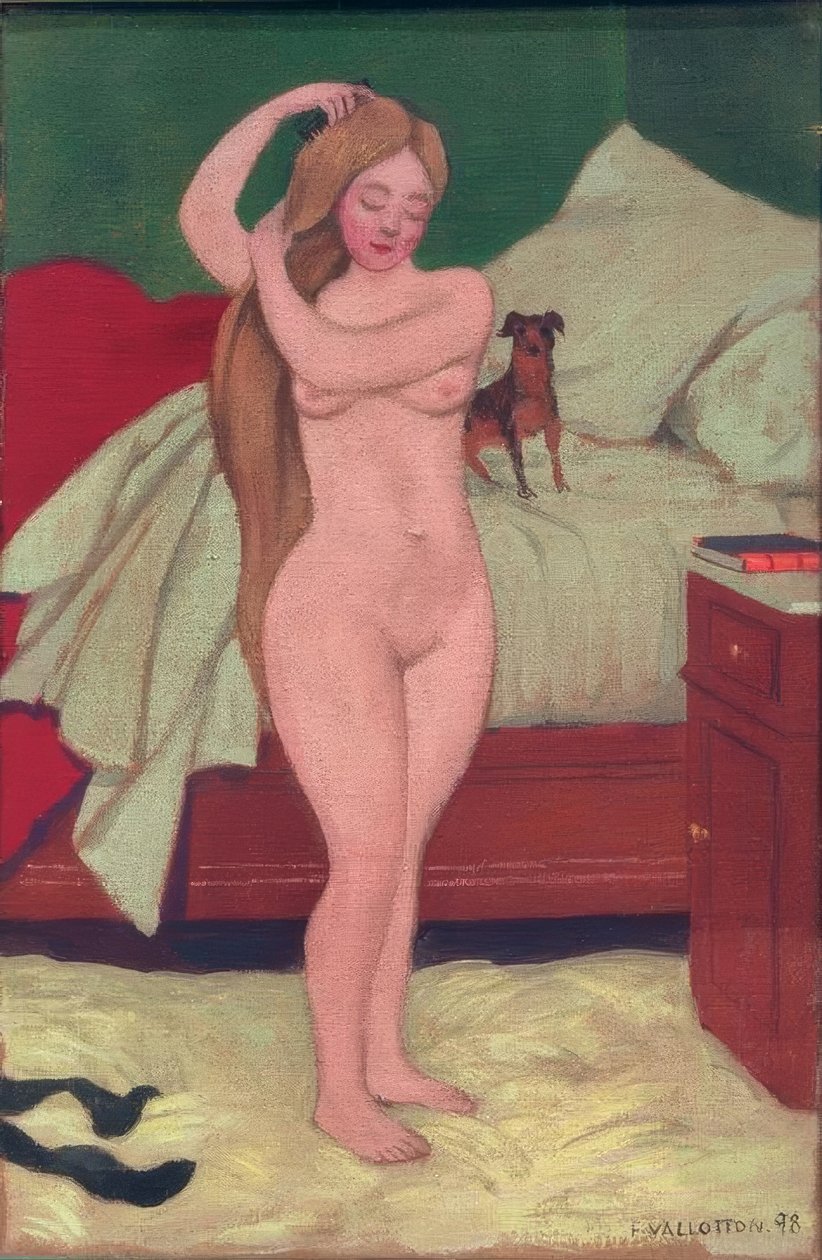 Kvinnlig naken, kamning, interiör av Felix Edouard Vallotton