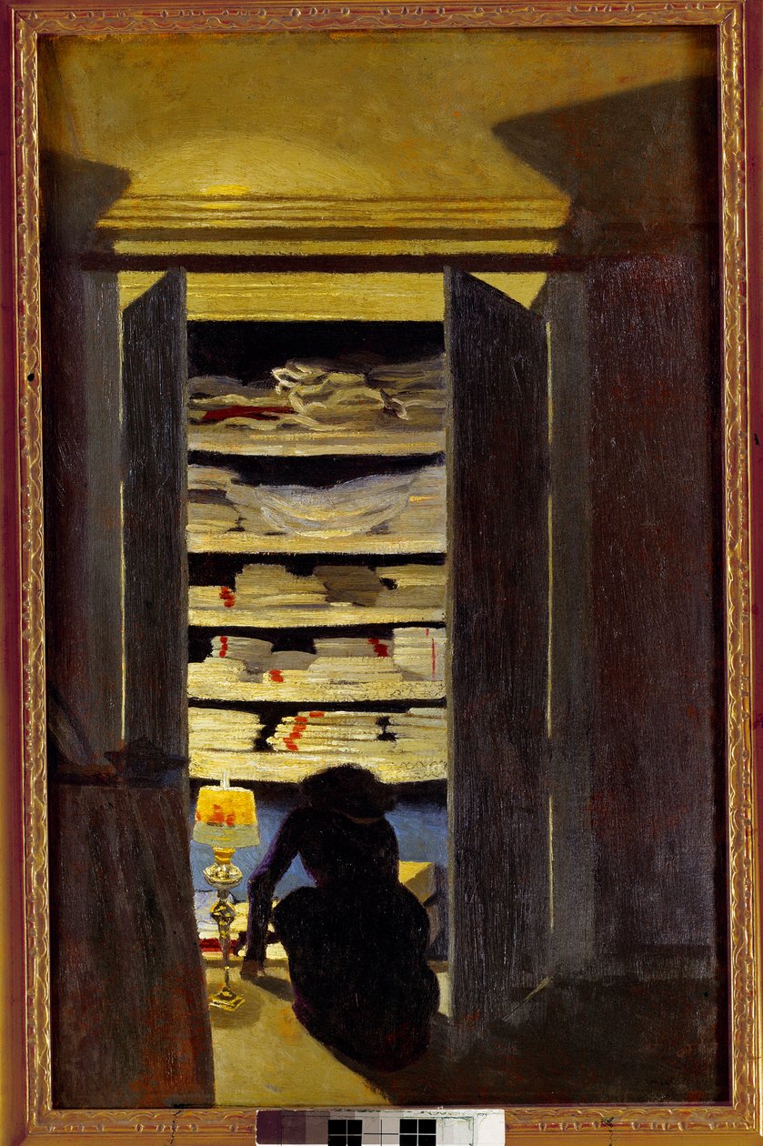 Kvinna söker i en garderob. Målning av Felix Vallotton (1865-1925) Ec. Följ., 1900-talet. Privat samling. av Felix Edouard Vallotton