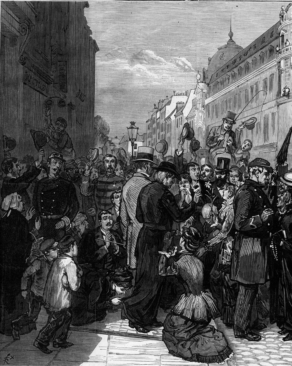 Deportation av jesviterna från Rue de Sevres i Paris efter dekreten från mars 1880 utfärdade av Jules Ferry och avskaffande av rätten att undervisa medlemmar av otillåtna religiösa församlingar: den parisiska befolkningen visar solidaritet med vräkningen av Felix Elie Regamey