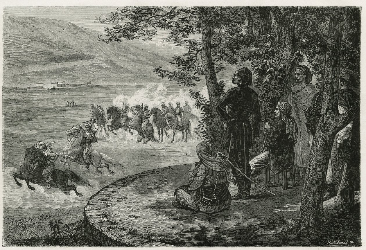 Djeridens lopp började ryttaren hålla en kort käpp som representerade både spjutet och geväret; han grenade den ovanför huvudet innan han kastade den, graverad av F.Regamey, för att illustrera historien Les Ansaries, av Leon Cahun, en mission cha av Felix Elie Regamey