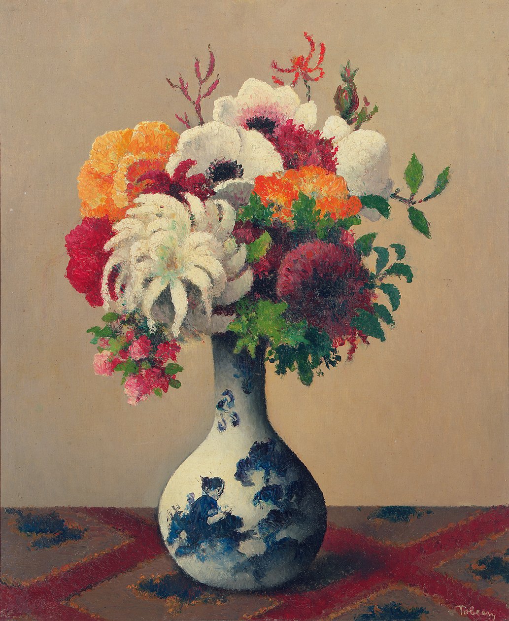 Stilleben med blommor i en kinesisk vas (olja på duk) av Felix Elie Tobeen