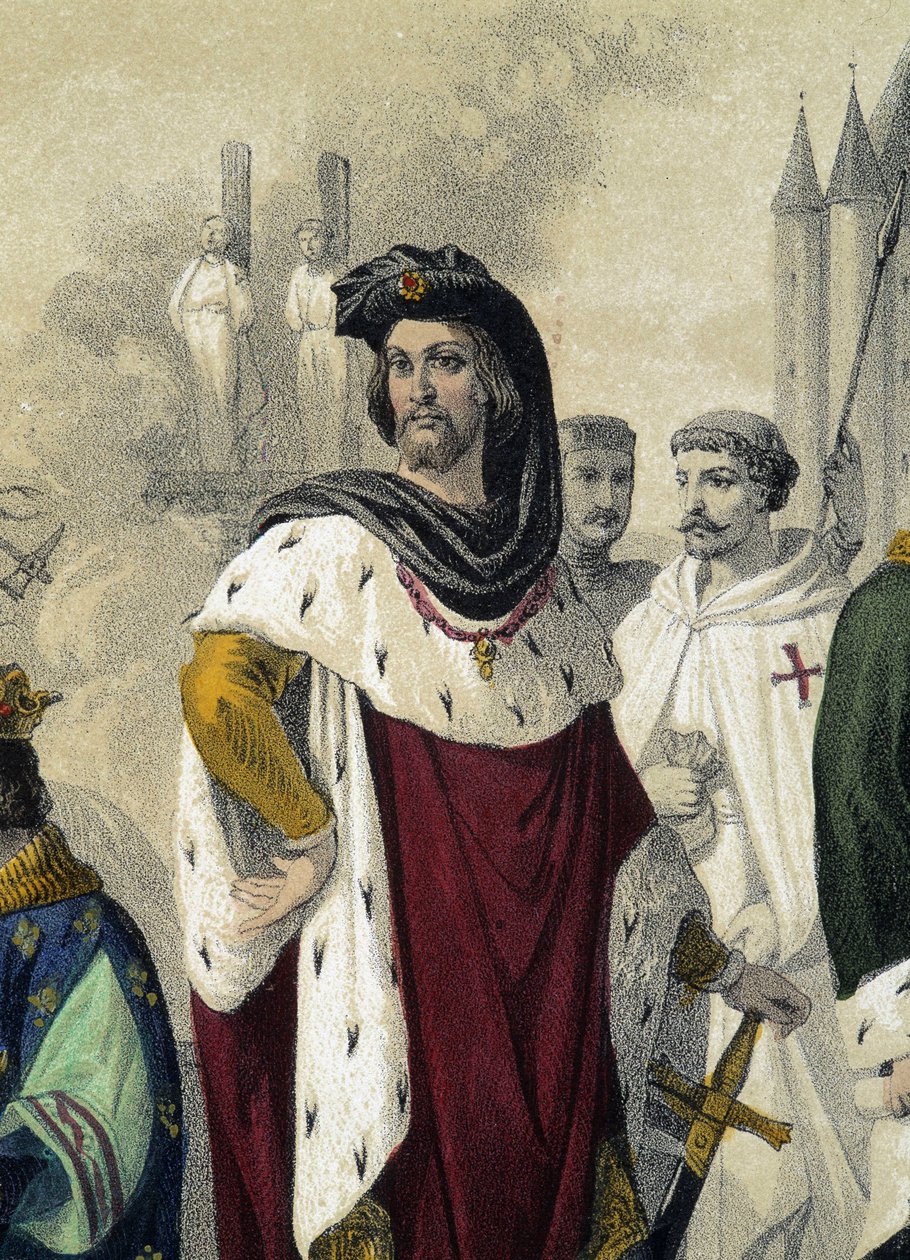 Capétiens 1270 - 1322: Philippe IV le bel och Jacques de Molay (Molai) - i "La Monarchie francaise en estampe", teckning av Monsieur Fossey av Felix Fossey