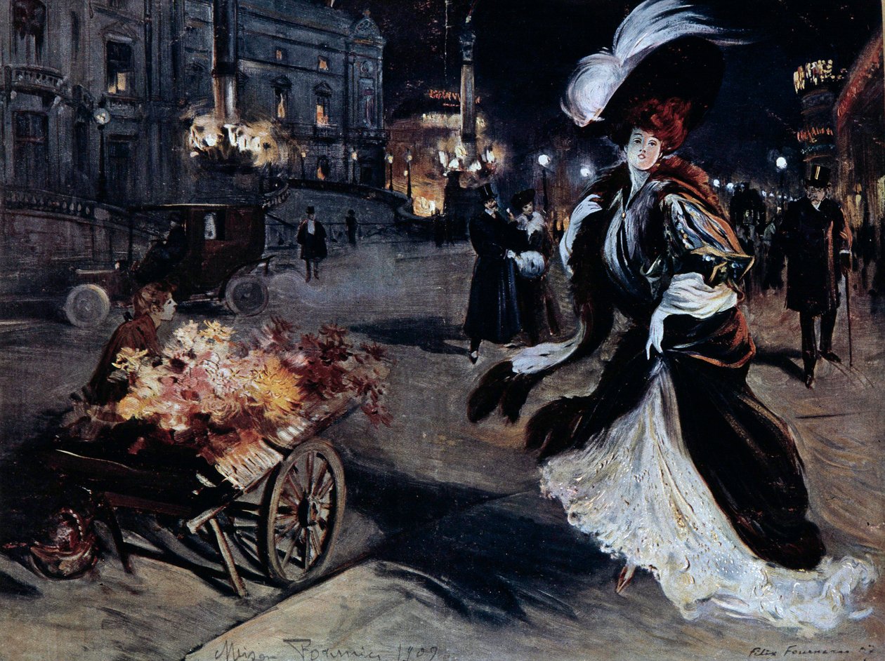 Belle Epoque: Kvinna i hägrar på en gata i Paris på natten. Illustration av Felix Fournery (1865-1938) av Felix Fournery